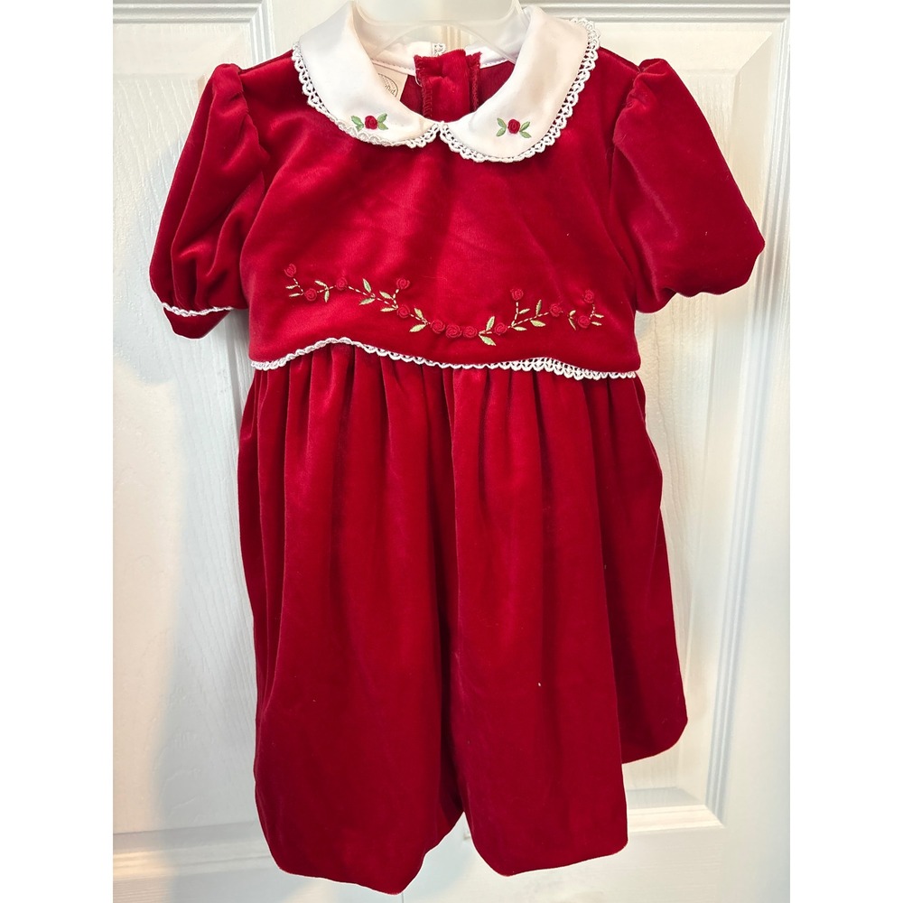 Starting Out Baby Girls Red Velvet Holiday Dress Rose Embroidery 18M Christmas